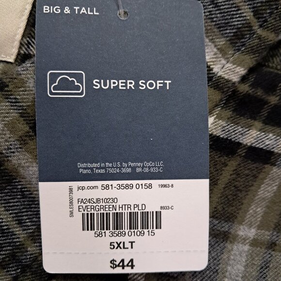 NEW NWT St Johns Bay Flannel Shirt Men 5XLT TALL Green Plaid Soft 100% Cotton - Picture 9 of 9